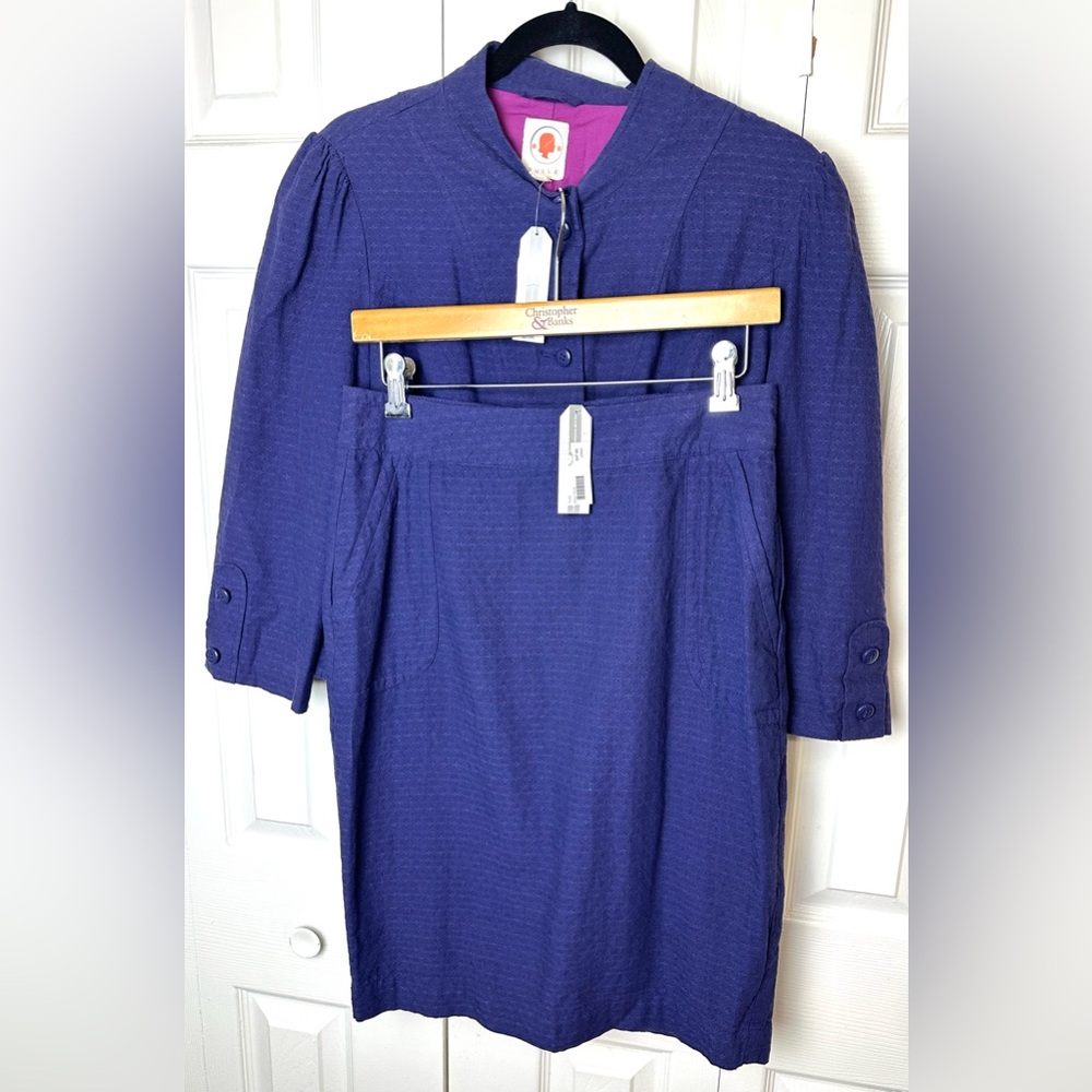 NWT Anthro TULLE Brand Skirt Blazer Suit Set Blue Purple Textured Cotton New